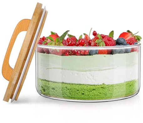 Dualshine 8 Inch Glass Salad Bowl with Bamboo Lid, Minimalist Style, Transparent, 91 Ounces, Dishwasher Safe