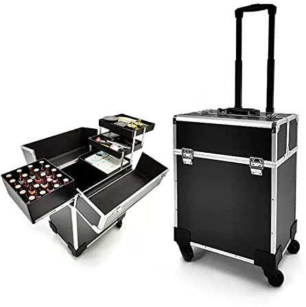 Make-up-Koffer mit Rollzug – Aluminium Beauty Make-up Reise-Trolley Kosmetiktasche Roll-Organizer in Schwarz – Professioneller Make-up-Koffer
