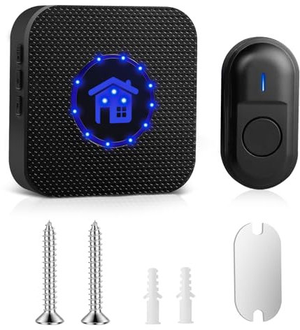 Romon Campanello Senza Fili da Esterno, Kit di Campanelli Impermeabili a Batteria con 1 Ricevitore a Innesto e 1 Trasmettitore 5 Volumi, 55 Melodie Adatto per Uso Interno ed Esterno, Nero