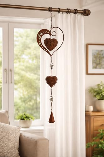 Geschenk-Himmel Deko-Hänger Herz – Rostoptik – Metall-Herzhänger mit Glaskugel & Glöckchen – Vintage Gartendeko zum Aufhängen – Hängedeko für Haus & Garten – 67x18 cm