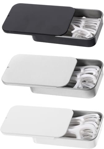 Aeaocvo Confezione da 3 custodie portatili per filo interdentale, custodia da viaggio in metallo per filo interdentale e pillole per l'igiene orale (nero, bianco, argento)