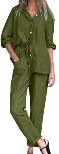 Conjunto de dos piezas de lino para mujer del Reino Unido, camisas de manga larga de verano con botones y pantalones de pierna ancha, conjunto de ropa de descanso, conjunto coordinado, traje de playa