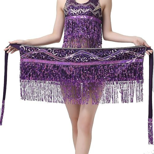 PRIOKNIKO Hüftschal Mit Fransen Belly Dance Pailletten Quasten Tassel Taille Kette Performance Dekorative Taille Handtuch Hüfttuch,Lila,Eine Größe