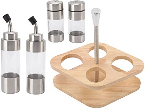 Oil and Vinegar Saltpepper Cruet Bottle Set, Stainless Steel Kitchen Dispenser, Saltpepper Shaker Vinegar Bottle Cruet Removable with Base Stand for Kitchen Home & Restaurants