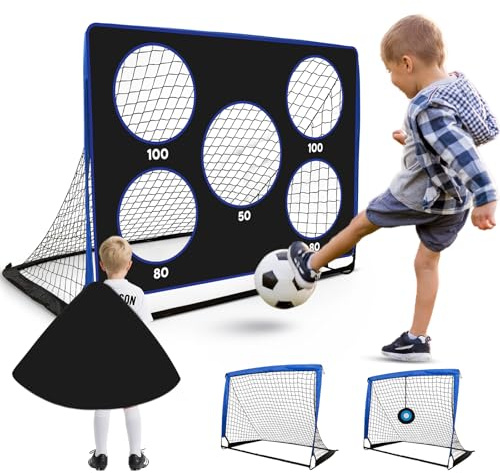 Bnlei 3-i-1 Fotbollsmål för Barn, Bärbara Pop-up Fotbollsmål med Fotbollsnät för Barn och Målstolpar för Trädgården. Perfekt för Träning Inomhus och Utomhus-Blå