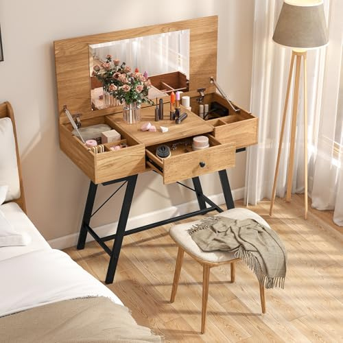 COSTWAY Schminktisch mit großem Spiegel, Ladestation, 6 Aufbewahrungsfächern, Klappdeckel und Schublade, Kosmetiktisch rustikal, Schreibtisch für Schlafzimmer, Ankleidezimmer (Natur)