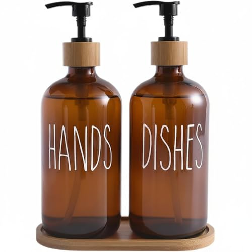 Küchen Seifenspender Set Glasflasche, Spülmittelspender für Küche mit Bambustablett, Seifenspender geeignet für Küche, Badezimmer und Waschküche (Braun)