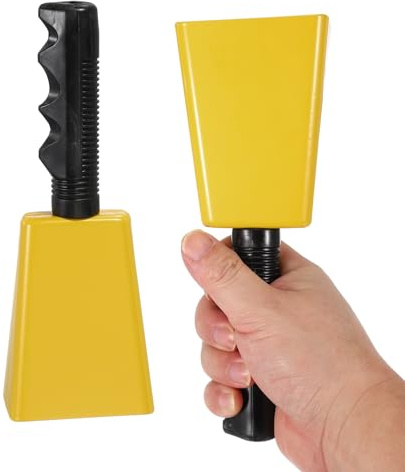PATIKIL 8inch Cow Bells for Football Games, 2pcs Cowbells for Sporting Events Bulk Loud Noise Makers Metal Cow Bell with Handle for Cheering Competition Marathon Wedding DIY Paint, Yellow