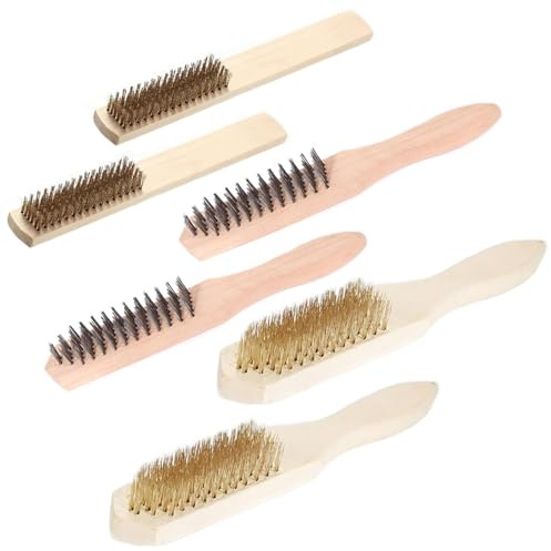Heqxwl Juego de 6 cepillos de alambre – Mango de madera – Cepillo de acero inoxidable y cepillo de latón – Eliminación de óxido, limpieza y pulido