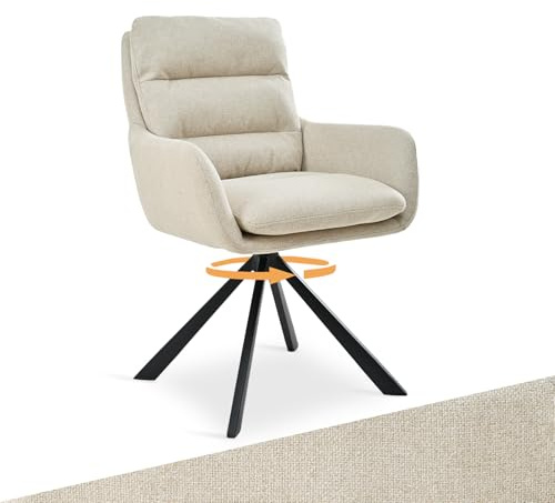 Bon Furni Esszimmerstühle Drehbar mit Armlehne – 360°Drehbare Einzelstuhl mit Doppelter Rückenlehne, Abnehmbarem Sitzkissen, Leinen Küchenstuhl für Esszimmer & Wohnzimmer, Büro, Beige