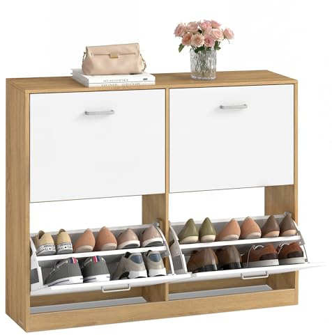 VASAGLE Custos Collection - Skoskåp, skoorganisatör, justerbara avdelare, för entré, 4 vikdörrar, för 16–28 par, 24 x 105,5 x 82,7 cm, gyllene ek LBC035YA01