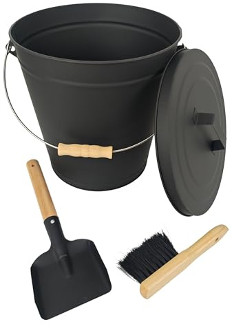 Relaxdays Cubo para Cenizas de 20 l con Tapa, Cepillo y Pala, asa Negro/Natural