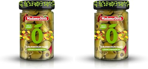 Madama Oliva Olive Verdi Denocciolate Italiane 140g, Varietà Nocellara del Belice, Gusto Limone e Peperoncino, Lavorazione Castelvetrano, Confezionate in Salamoia, Sapore Intenso e Aromatico