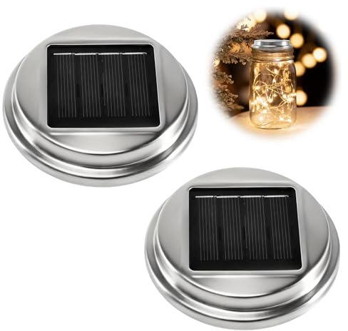 Pack of 2 Solar Preserving Jars Stainless Steel Lids Warm White LED Light Solar Light for Garden Decoration and Outdoor Lighting