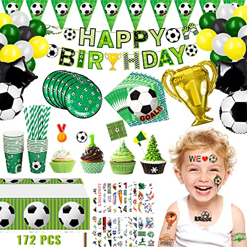 Artículos de Fiesta de Fútbol 172 Piezas - Para 20 Invitados, Set de Vajilla Desechable con Platos, Vasos, Servilletas, Mantel y Globos, Decoración Cumpleaños Niños y Mundial 2026