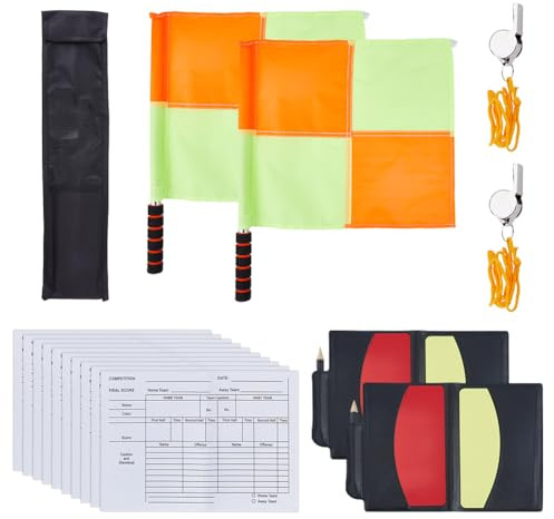 DICOSMETIC Ensemble d'arbitre de football avec 2 drapeaux de juge carrière avec sac de rangement, 2 jeux de cartes rouges jaunes avec bloc-notes et crayon, 2 sifflets en acier inoxydable