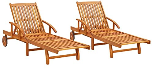 Mhdvray Set di 2 sedie a sdraio in legno di acacia, 199 x 67 cm, regolabile con ruota, pieghevole, per giardino, terrazza, balcone, campeggio, sedia a sdraio, design robusto per momenti di relax