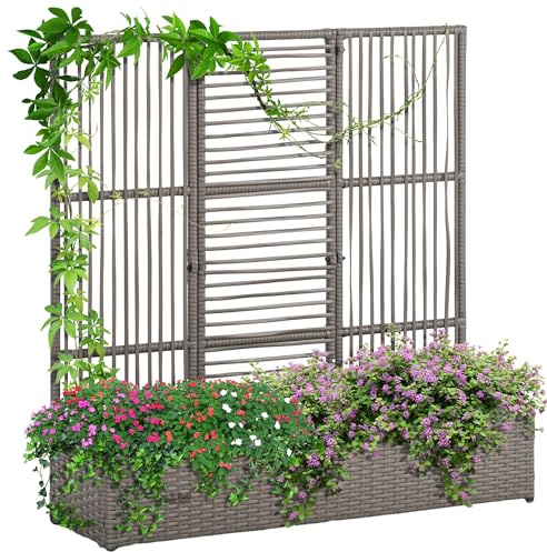 Outsunny Hochbeet mit Rankgitter Rattan-Optik 103 x 29 x 103 cm Grau | Pflanzkasten mit Rankhilfe, für Kletterpflanzen, Blumenkasten, Blumenbeet, Pflanzkübel, Rankkasten, für Garten, Balkon