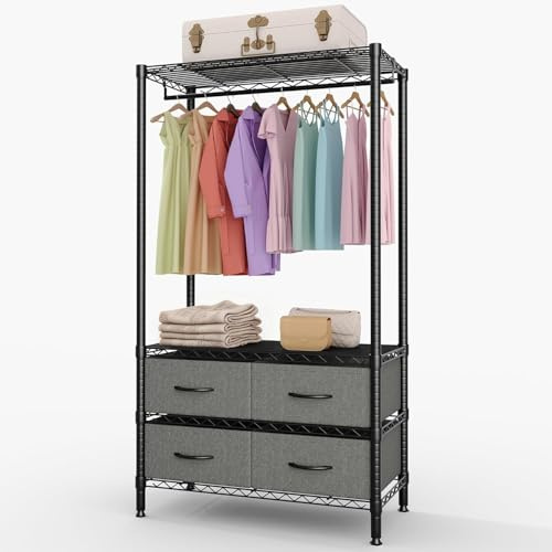 Virimolo Vertikaler Metall Kleiderständer Mit 4 Schubladen - 2 Ablagen Kleiderstange Freistehende Garderobe Offener Kleiderschrank Schwarz 90x40x180cm