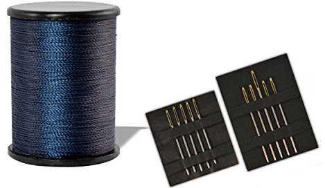 Helmecke & Hoffmann * 100 m Jeansfaden Qualitäts-Nähgarn + zehn Nähnadeln mit Goldöhr | in vielen Farben aus Nylon 210D/2 (Dunkelblau)