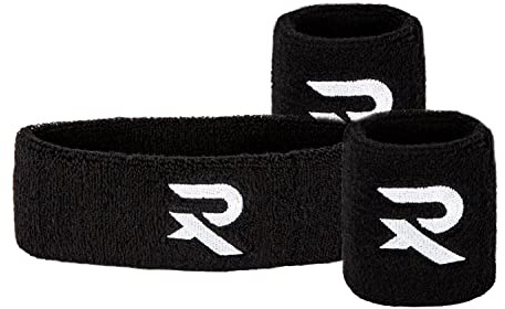 Raquex Wristband and Headband Set - Snug Fit Exercise Band - Cotton Sweat Bands for Men and Women - Stretchy Sweat Bands for Sports - 2 x Wrist Bands, 1 x Head Band (Black)
