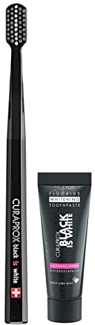 Curaprox Black Is White Miniset: Tandkräm BIW 10ml Och Borste BIW | För Blekning Och Fräsch Andedräkt, Formel Med Aktivt Kol Och Fluorid, Svart Borste, Reseset, Schweiz