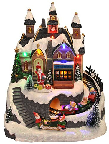 Selections Santa Christmas Scene Resin Village Ornament with Lights Moving Train and Sound
