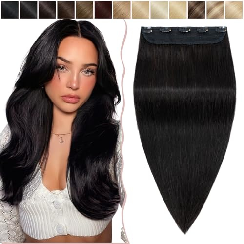SEGO Haarteil Clip in Extensions Echthaar DICKER Haarverlängerung 1 Tresse 5 Clips Human Hair Glatt Naturschwarz #1B-1 22(55cm)-100g