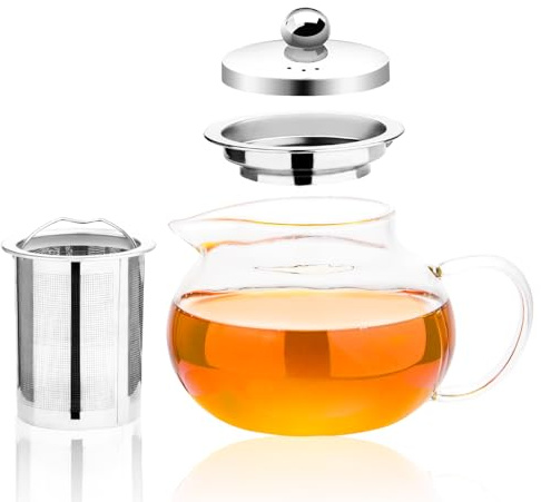 Warmyee Hofu - Tetera pequeña de vidrio de borosilicato transparente con infusor extraíble de acero inoxidable 304, tetera de hojas sueltas resistente al calor, apta para estufa, 660 ml/22 onzas