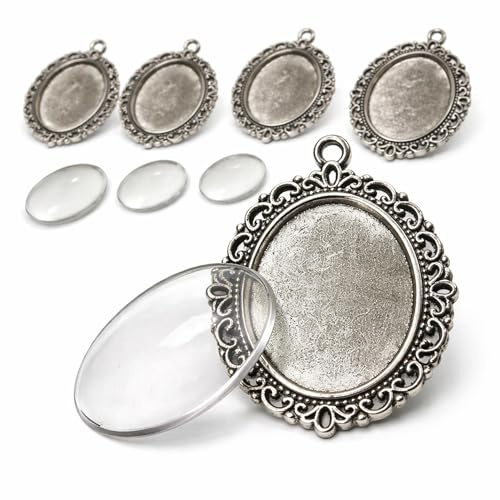 Perlin Cabochon Fassung Oval Set 25 x 18 mm 4 Stück Anhänger Rohlinge mit Glas Cabochon Metallfassung Silber für Schmuck DIY Foto Anhänger Basteln