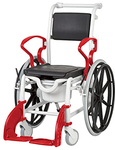 FabaCare Dusch- Toilettenrollstuhl Venedig, bis 100 kg, premium Toilettenstuhl, Duschrollstuhl, Rollstuhl mit WC Eimer, Farbe grau/feuerrot