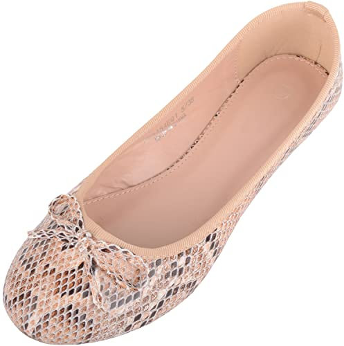 ABSOLUTE FOOTWEAR Womens Easy Slip On Snake Pattern Casual Ballerina Style Dolly Pump Shoes - Tan - UK 5 / EU 38