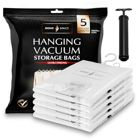 GENIE SPACE Premium Vakuumbeutel zum Aufhängen für Kleidung, Anzüge & Kleider – 5er Pack REGULAR (105×70 cm), Luftdicht, Geruchsdicht & Wiederverwendbar – Doppelt versiegelt, mit Handpumpe