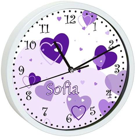 CreaDesign, Wanduhr für Kinderzimmer Herz lila, Kinderuhr weiß mit Quarz Uhrwerk, personalisiert mit Name, Durchmesser 19,5 cm