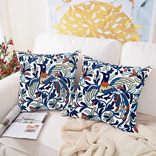 Alysheer Housse de coussin décorative brodée d'été 18x 18, lot de 2, motif broderie bleu marine bohème avec oiseaux, étui en coton pour canapé, canapé-lit, salon, chambre à coucher, extérieur
