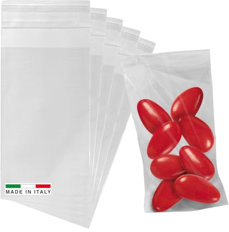 Lage 100 transparente Beutel 6 x 10 cm für Konfekt mit Klebeverschluss – kleine Plastiktüten für Lebensmittel, Konfekt, Bonboniere, Zeremonie mit Klebestreifen