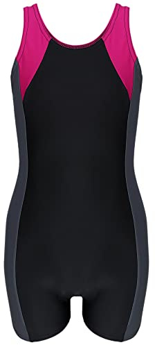 Aquarti Mädchen Badeanzug mit Bein Ringerrücken – Sport Badeanzug Mädchen mit Bein und Racerback, Chlorresistent, Farbe: Schwarz/Graphit/Amarant, Größe: 164