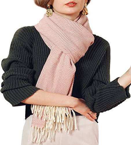 Damen Großer Schal Lange Schal aus Kaschmirimitat Breite Umhängetuch Shawl mit Fransen Elegant Damenschal Modisch Warm Webschal Winterschal Einfach Basic 70×180cm - Fischgrät Muster Hell Altrosa