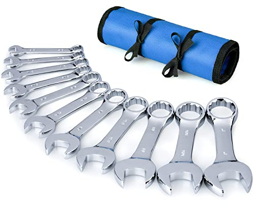 Premium Stubby Ringmaulschlüssel-Set mit Rolltasche, 11-teilig, SAE, 3/8 Zoll bis 1 Zoll, keine überspringten Zoll-Größe,Cr-V Stahl,kurze Länge und schlanker Körper, perfekt für Con-A reas