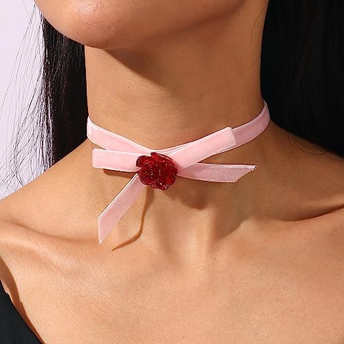 Wendalern Gothic Rosa Samt Choker Halskette Klassische Rote Rose Blume Choker 3d Harz Floral Kragen Halskette Vintage Bogen Blume Samt Band Choker Kette Halskette Cosplay Schmuck Für Frauen Mädchen