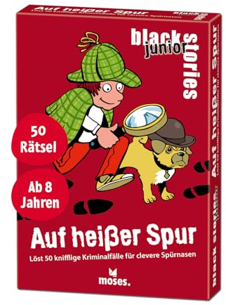 moses. Black Stories junior Auf heißer Spur - 50 Rätsel mit kniffligen Kriminalfällen für kleine Detektive, Rätsel Kartenspiel mit Spielvariante und Punktechips, Rätselspiel für Kinder ab 8 Jahren