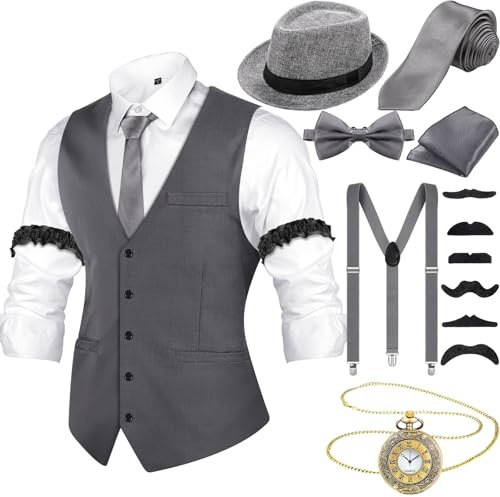 Hestya 20er Jahre Herren Accessoires mit Weste Fedora Hut Taschenuhr Fliege Krawatte Hosenträger und Requisit