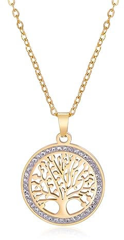Dreamtimes Tree of Life Necklace for Women Stainless Steel Gold Color Clear Zircon Round Pendant Neck Chains Family Tree Fashion Charm Luxury Jewelry Wedding Gift (Gold)