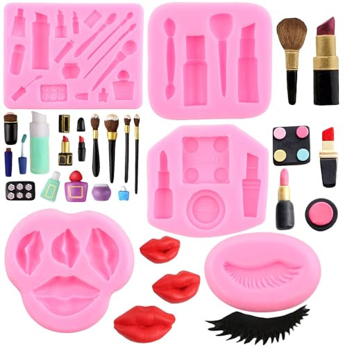RFGHAC 5 Stück Makeup Tools Silikonformen Valentinstag Fondant Formen Lippen Wimpern Lippenstift Pinsel Form für Süßigkeiten Schokolade Kuchen Dekorieren Cupcake Topper Gummi Paste Polymer Clay