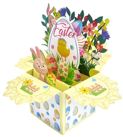LIAMERHE Carte di Pasqua 3D Pop Up Biglietto di Auguri Biglietto di Pasqua con Busta Buona Pasqua Carte con Coniglietto, Fiori e Uovo di Pasqua per Amici, Famiglia, Bambini