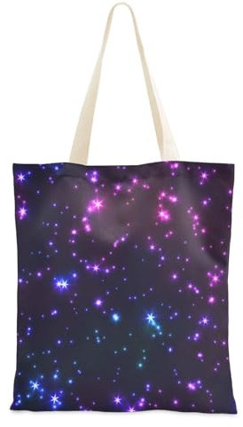 FRODOTGV Canvas-Tragetaschen für Damen, blau und lila, glitzernde, glänzende Sterne, Segeltuch-Taschen, coole Geschenke für weibliche Freunde, Initialen-Tragetaschen für Damen, Einkaufstasche,