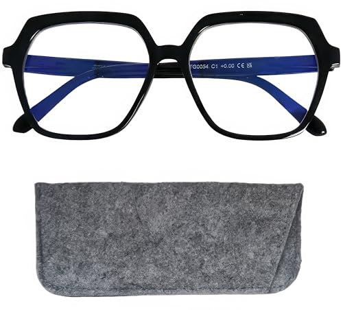 Mini Brille - Occhiali Neutri Anti Luce Blu Moderni, Montatura in Plastica Leggera Esagonale con Grandi Lenti Antigraffio (Nero), Custodia, Occhiali Oversize con Filtro Luce Blu Donna