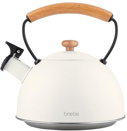 briebe Nordic Tetera Inducción Silbante 2,3L, Infusiones, Hervidor de Agua Acero Inoxidable, Todo Tipo de Cocinas, Vitrocerámica, Gas, Mango Madera Tacto Frío, Tea Pot, Blanco