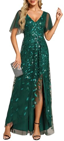 Ever-Pretty Abito da Ospite di Nozze Asimmetrico Scollo a V Linea A Paillettes Foglia Stile Impero Abito Elegante Donna Cerimonia Verde Scuro 48
