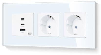 LIAONFOY 65W Super Lade mit Doppel Steckdose Super Fast Charging Drei Ports usb c Kombination 3 Fach Wandsteckdose Glasrahmen Weiß 228mm 100-240V (Neutrale Linie erforderlich)